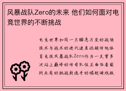 风暴战队Zero的未来 他们如何面对电竞世界的不断挑战